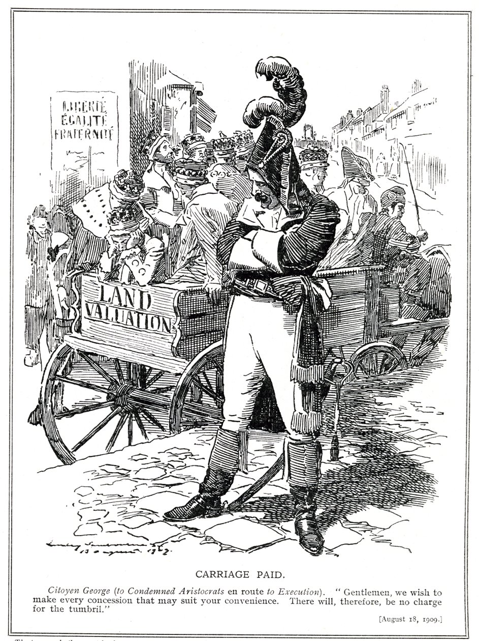Lloyd George som 'Citoyen George' beroliger aristokrater som ble dømt av hans 'People's Budget' til å betale skatt på fortjenesten fra landsalg, 1909 av Edward Linley Sambourne