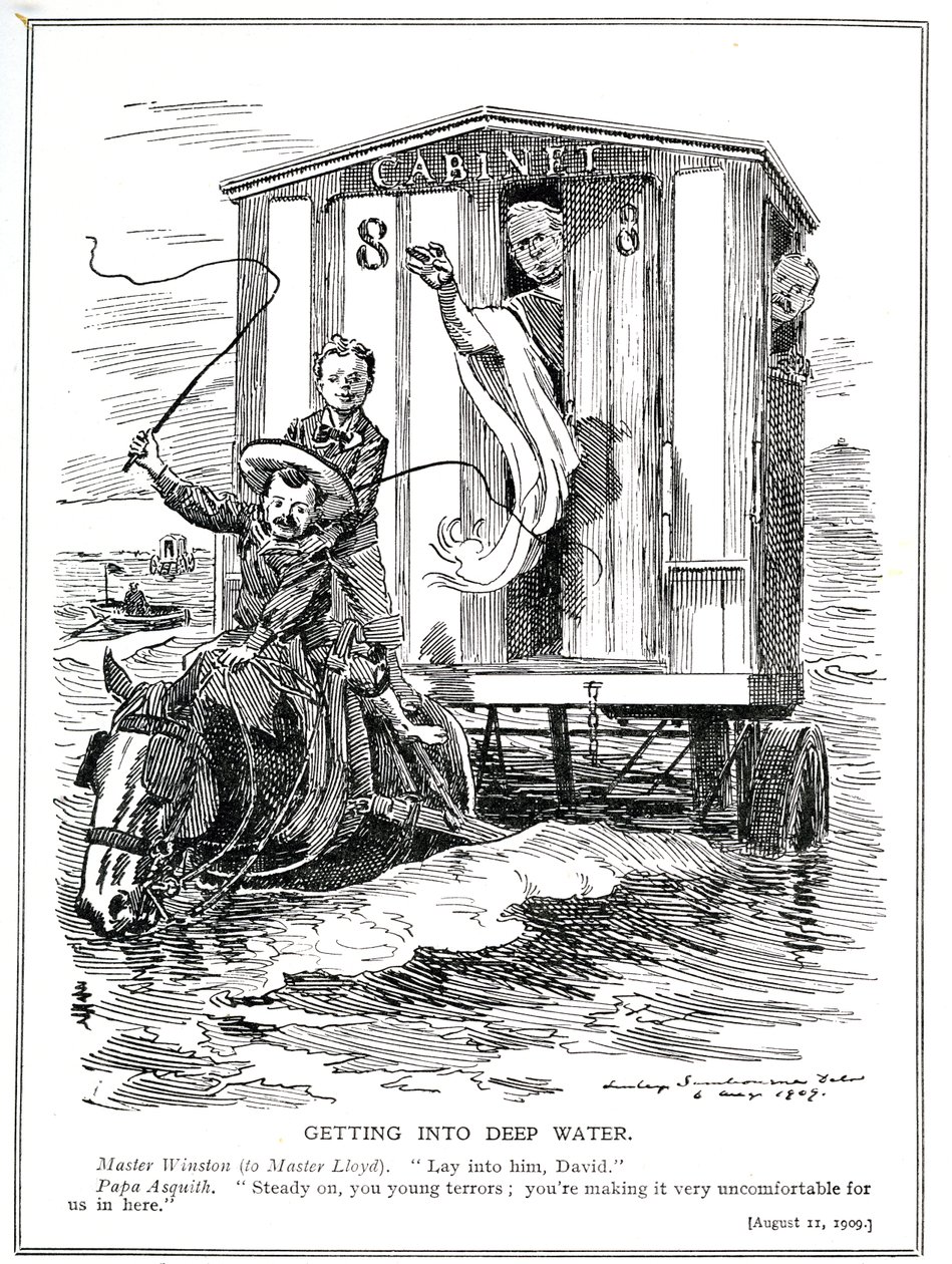 Statsminister Asquith hindrer Lloyd George og Winston Churchill fra å skape alarm med sine brennende taler til støtte for å hjelpe arbeidsledige og innføringen av en minstelønn, 1909 (lith av Edward Linley Sambourne
