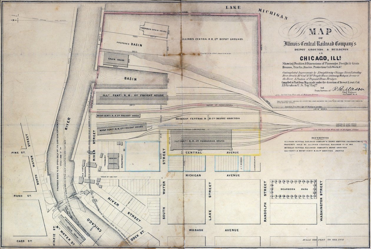 Kart over Illinois Central Railroad Companys depotgrunn og bygninger i Chicago, 1855 av Edward Mendel