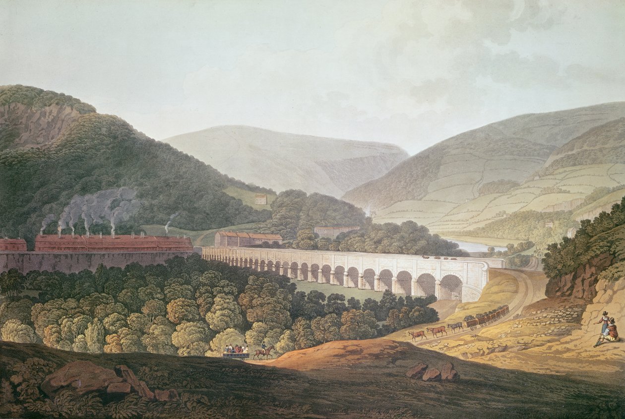 Utsikt over en steinbro over dalen og elven ved Risca i Monmouthshire (fargegravering) av Edward Pugh