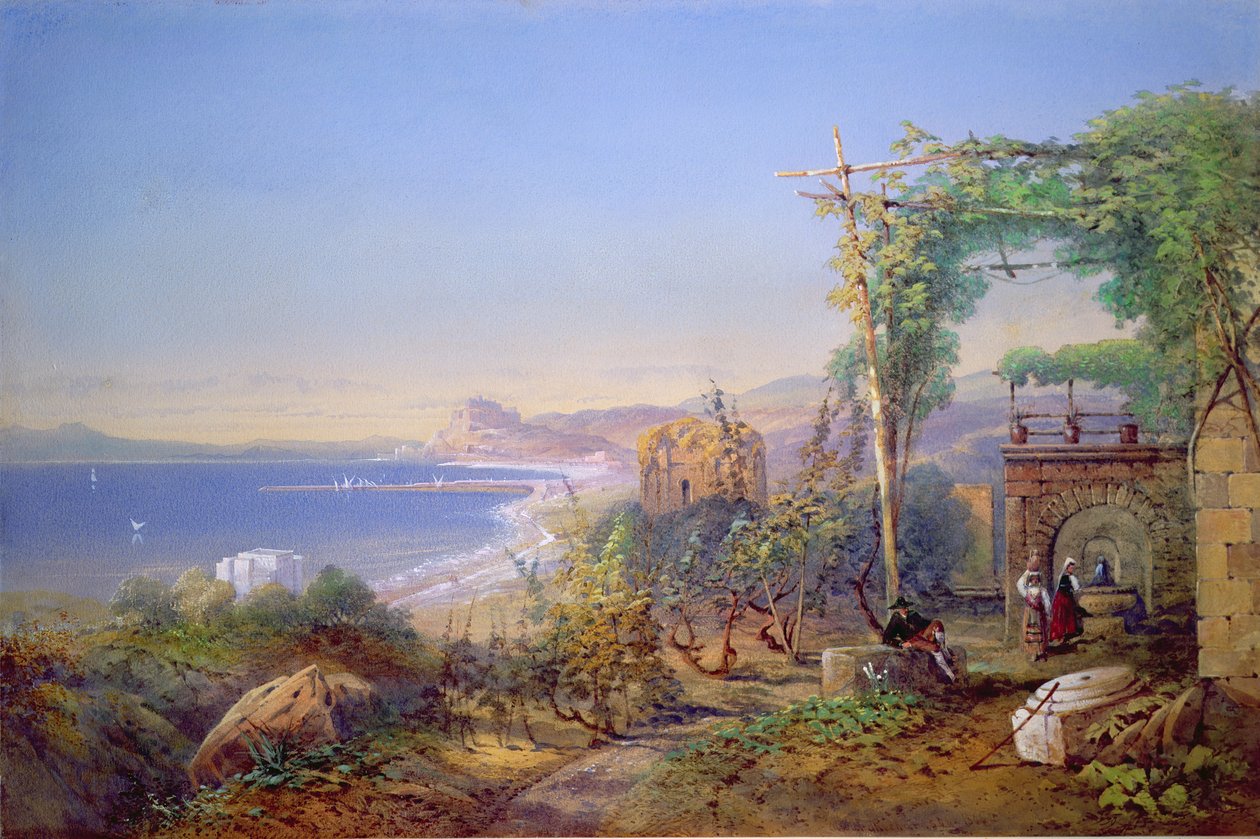 Castille and the Bay of Baia, Pozzuoli, 1866 (akvarell og gouache på papir) av Edward Richardson
