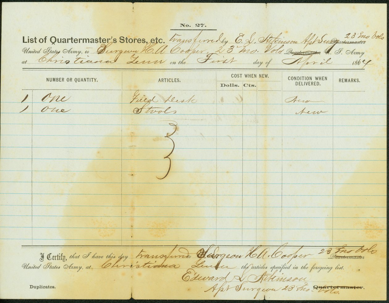 Lister over butikker overført av Atkinson til kirurg H. A. Cooper, 23. Missouri Volunteer Infantry av Edward S. Atkinson