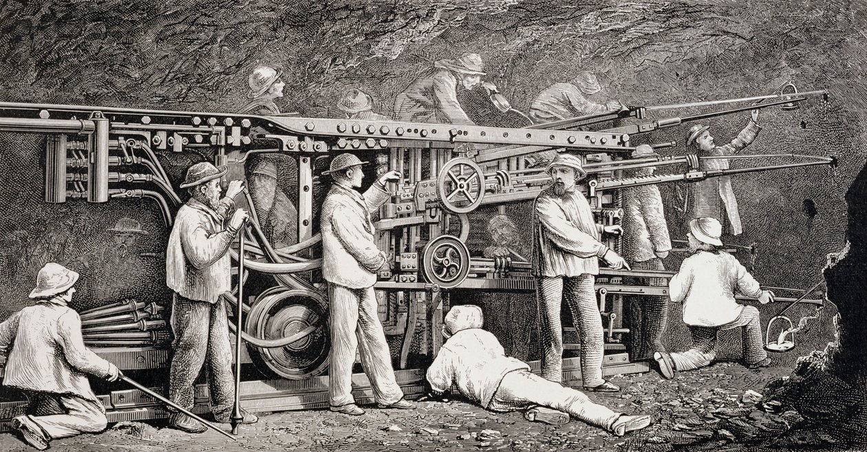 Advanced Gallery på den franske siden av Mont Cenis-tunnelen, med 'Perforatrices' i arbeid, fra 'The Ascent of the Matterhorn' av Edward Whymper, utgitt 1860-80-tallet av Edward Whymper