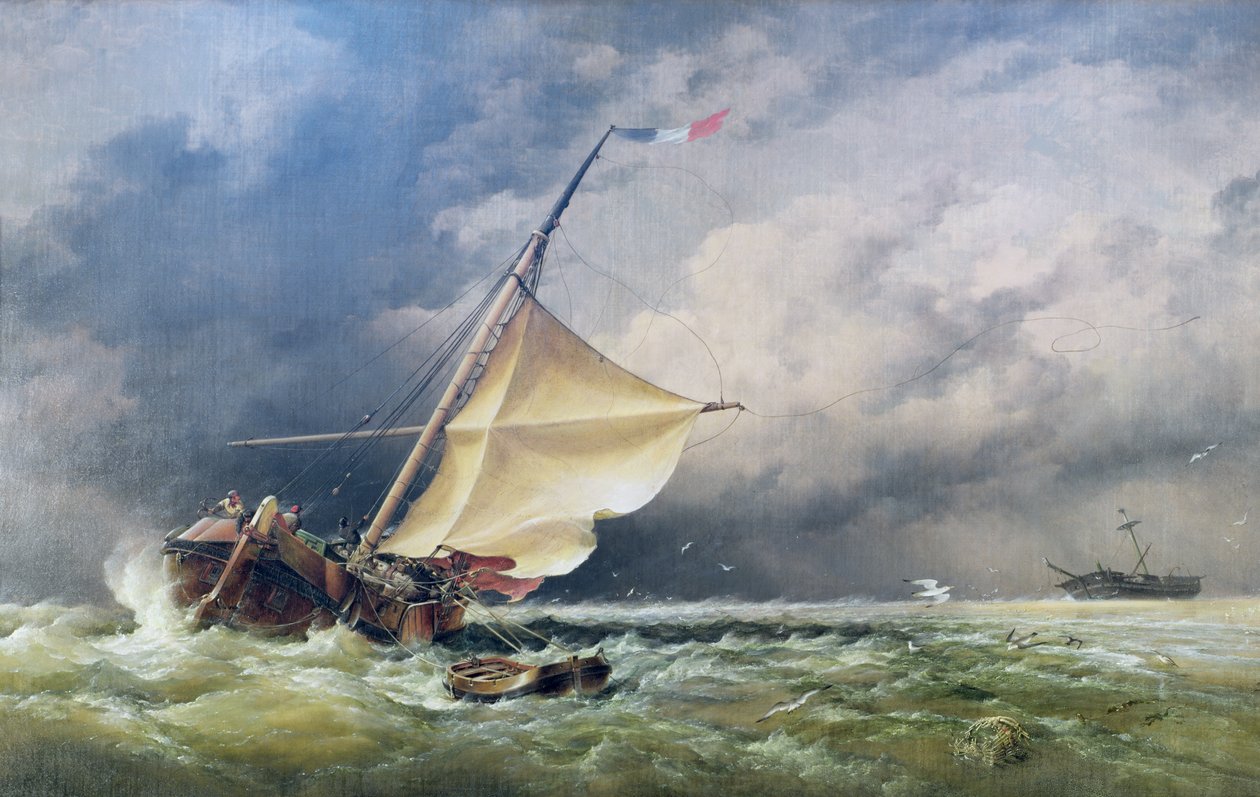 En nederlandsk Beurtman på grunn på Terschelling Sands eller i Nordsjøen etter en snøstorm, 1865 av Edward William Cooke