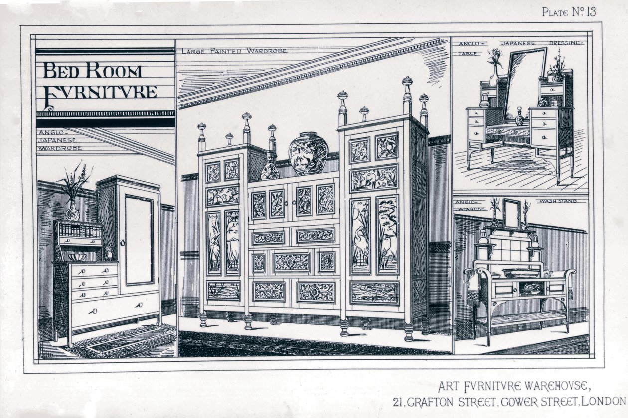 Soveromsmøbler fra Art Furniture Warehouse, Plate 13, Godwin Edward William (1833-86), 1876, produsent Watt W av Edward William Godwin