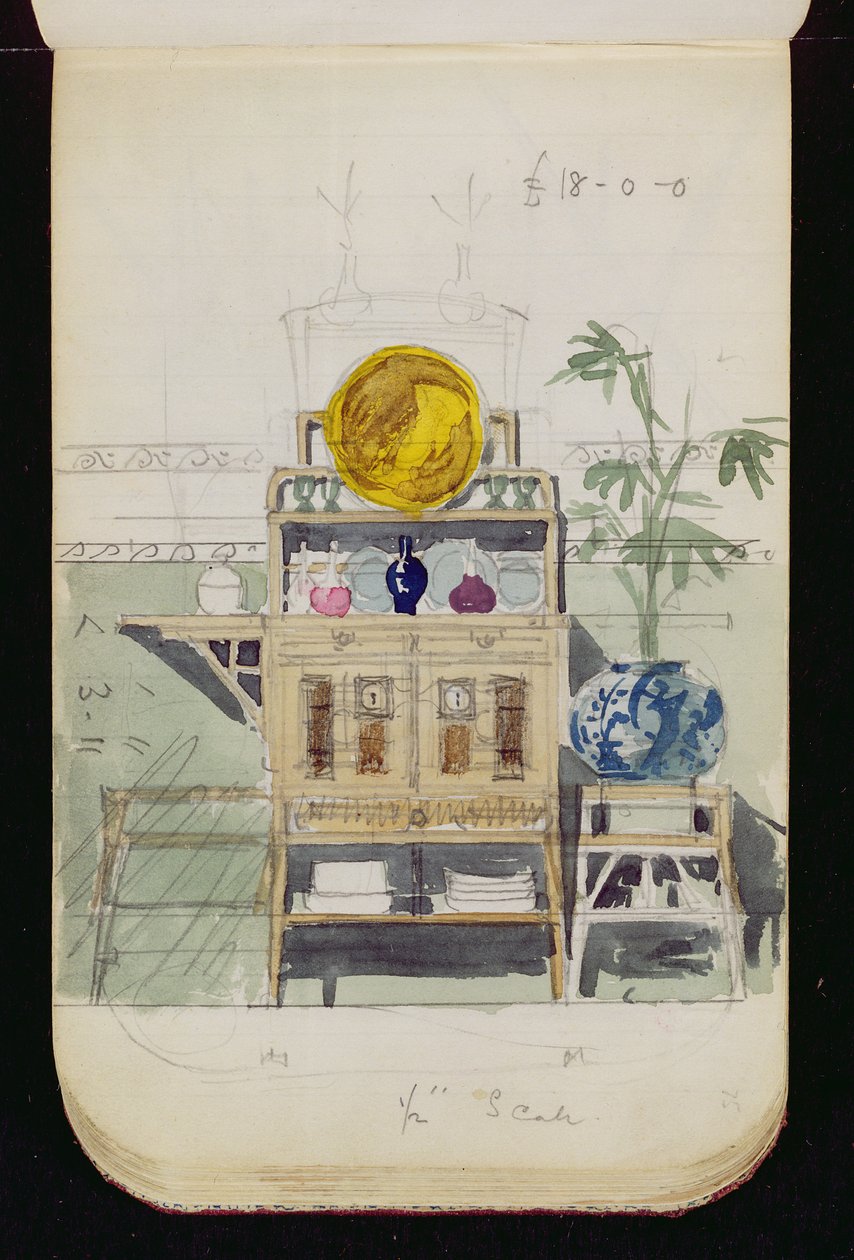 Design for en skjenk, ca. 1860-70-tallet (wc og blyant på papir) av Edward William Godwin