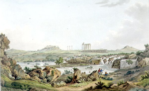 Temple of Jupiter Olympios og elven Ilissos, plate 30 fra del 5 av 'Views in Greece', gravert av Thomas Medland av Edward (after) Dodwell