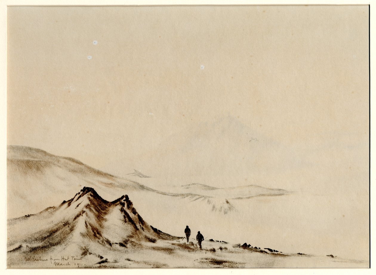 Mount Erebus fra Hut Point, 1901-04 (wc på papir) av Edward Adrian Wilson