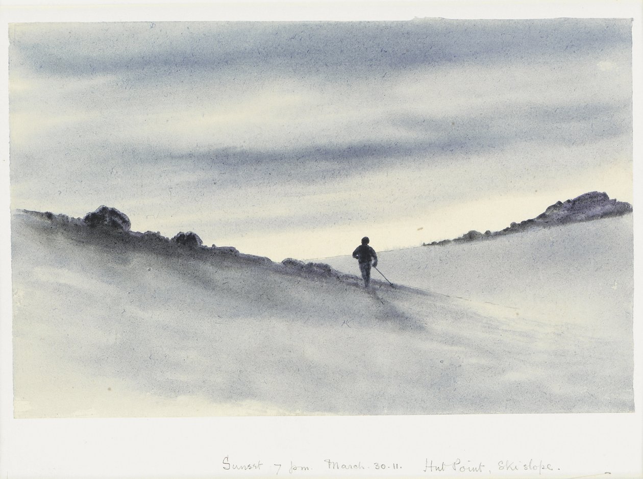 Solnedgang, 19.00, 30. mars 11, Hut Point, Ski Slope, 1911 av Edward Adrian Wilson