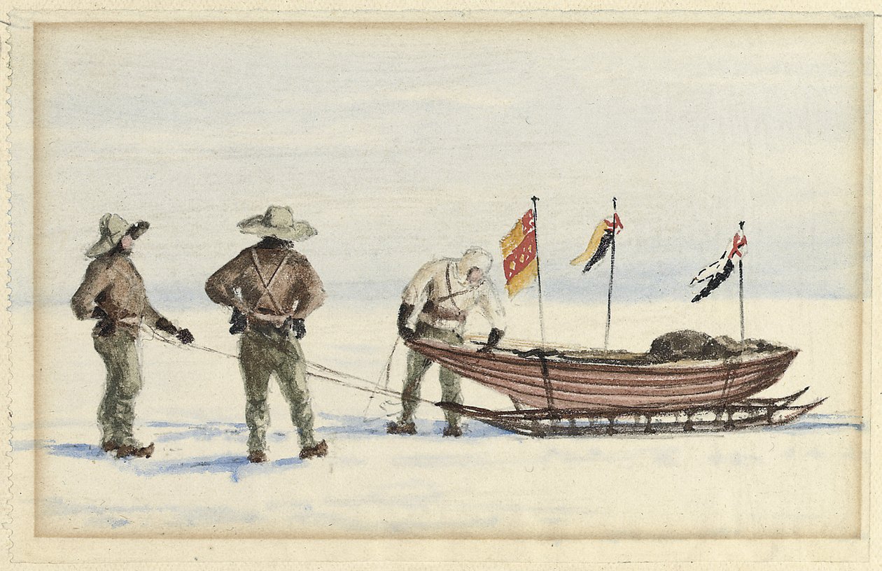 Sledefesten til White Island, februar 1902: Shackleton, Wilson og Ferrar forbereder seg på å legge ut, 1902 av Edward Adrian Wilson