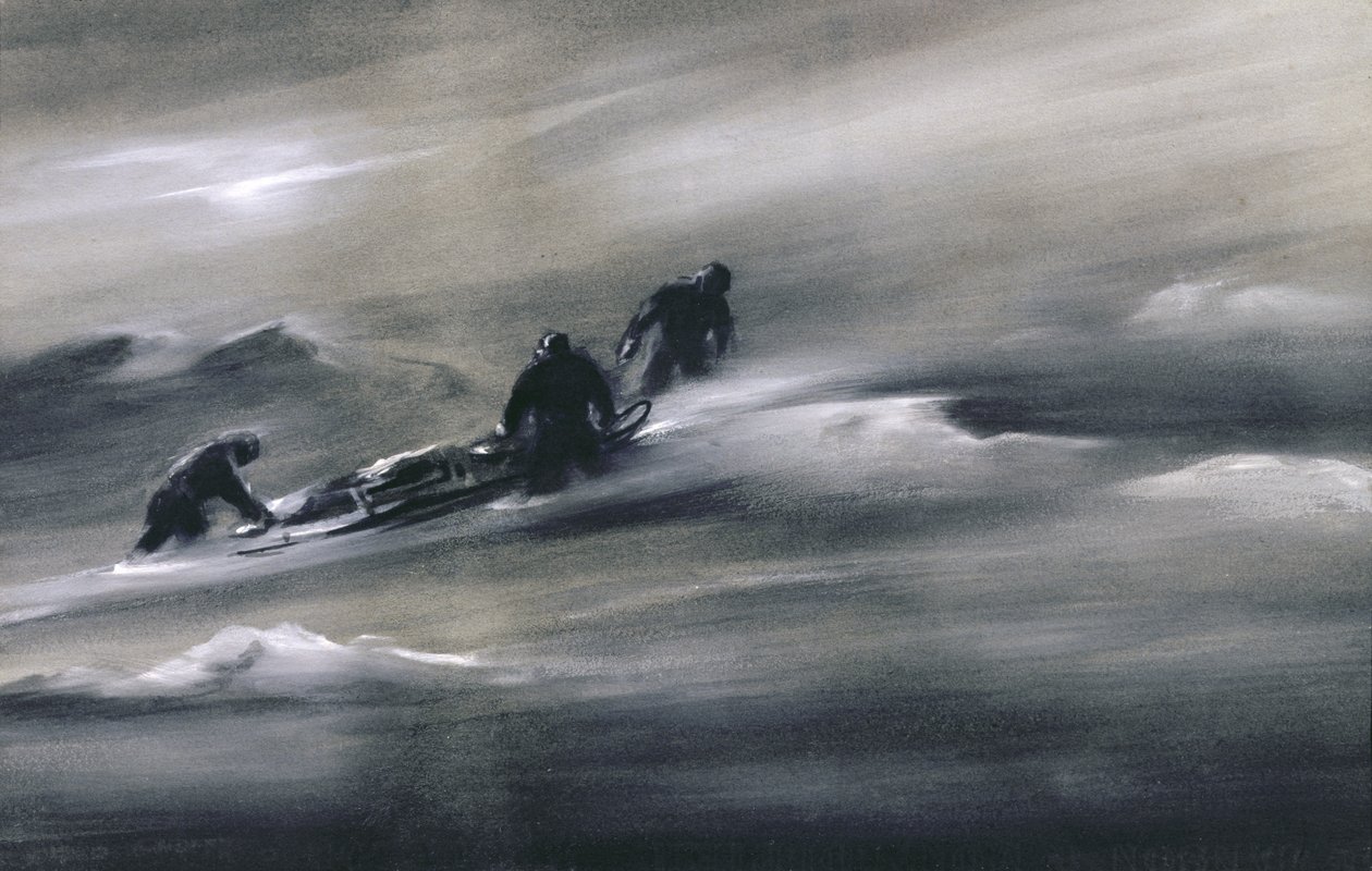 Tre menn med en slede i snøen, 1910-12 av Edward Adrian Wilson