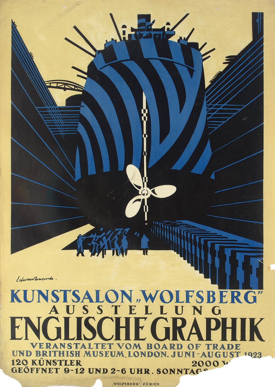 Tysk plakat for en utstilling av engelsk grafikk for Board of Trade og British Museum av Edward Alexander Wadsworth
