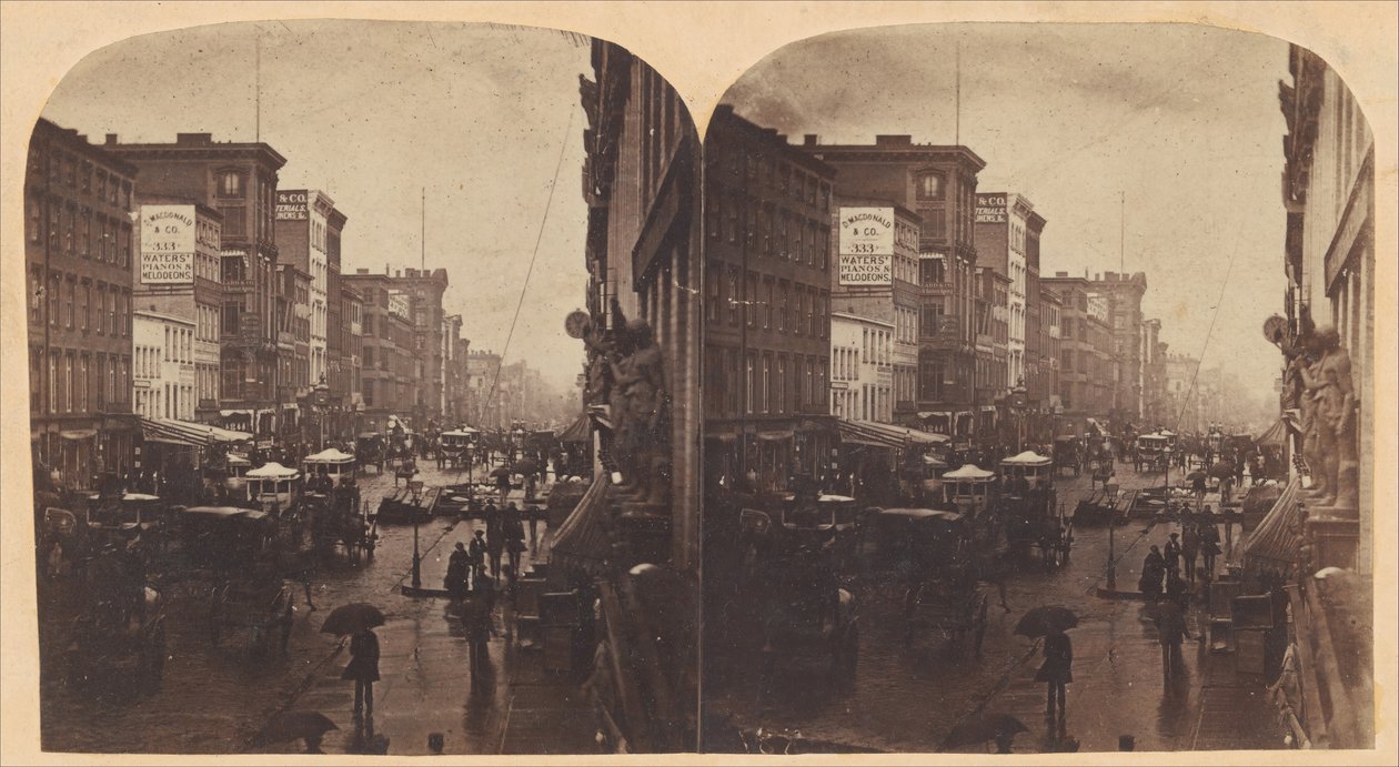Broadway in the Rain, sannsynligvis hentet fra 308 eller 310 Broadway, New York City, ca. 1860-årene. av Edward Anthony