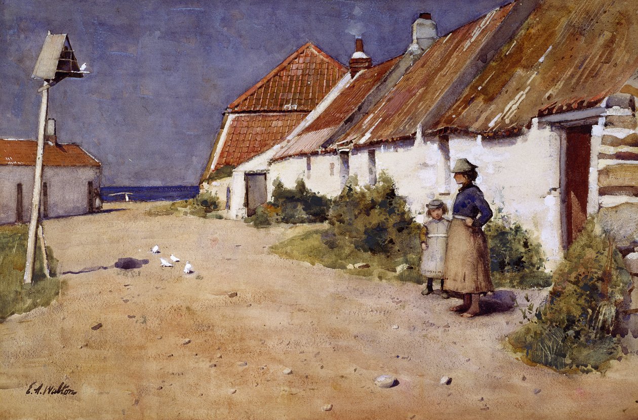 Hytter ved sjøen med dueslag (akvarell på papir) av Edward Arthur Walton