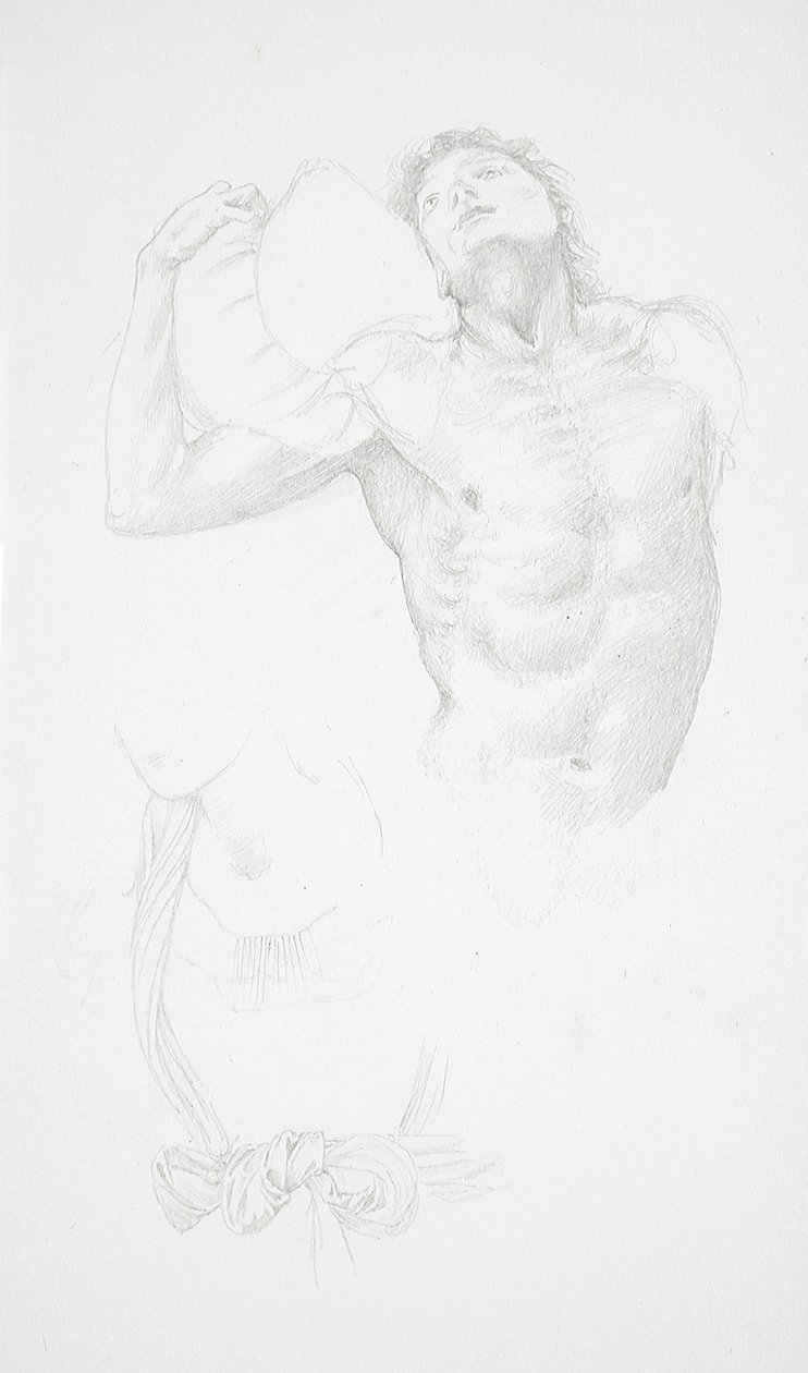 Mannlig nakenmodell som holder en pute av Edward Burne-Jones