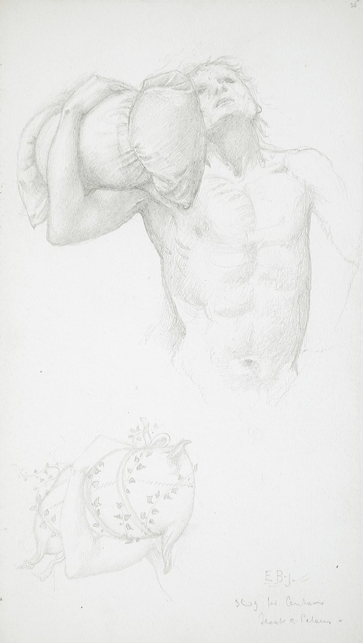 Mannlig nakenmodell som holder en pute av Edward Burne-Jones