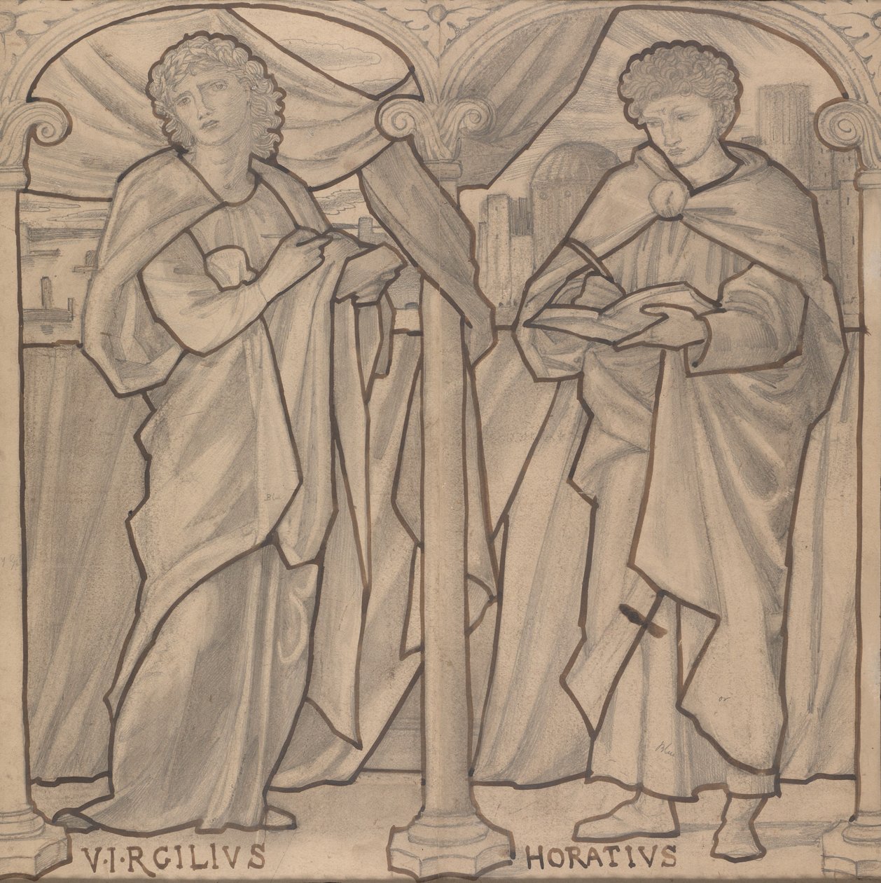 Forberedende design for et glassmaleri, Virgil og Horace av Edward Burne-Jones