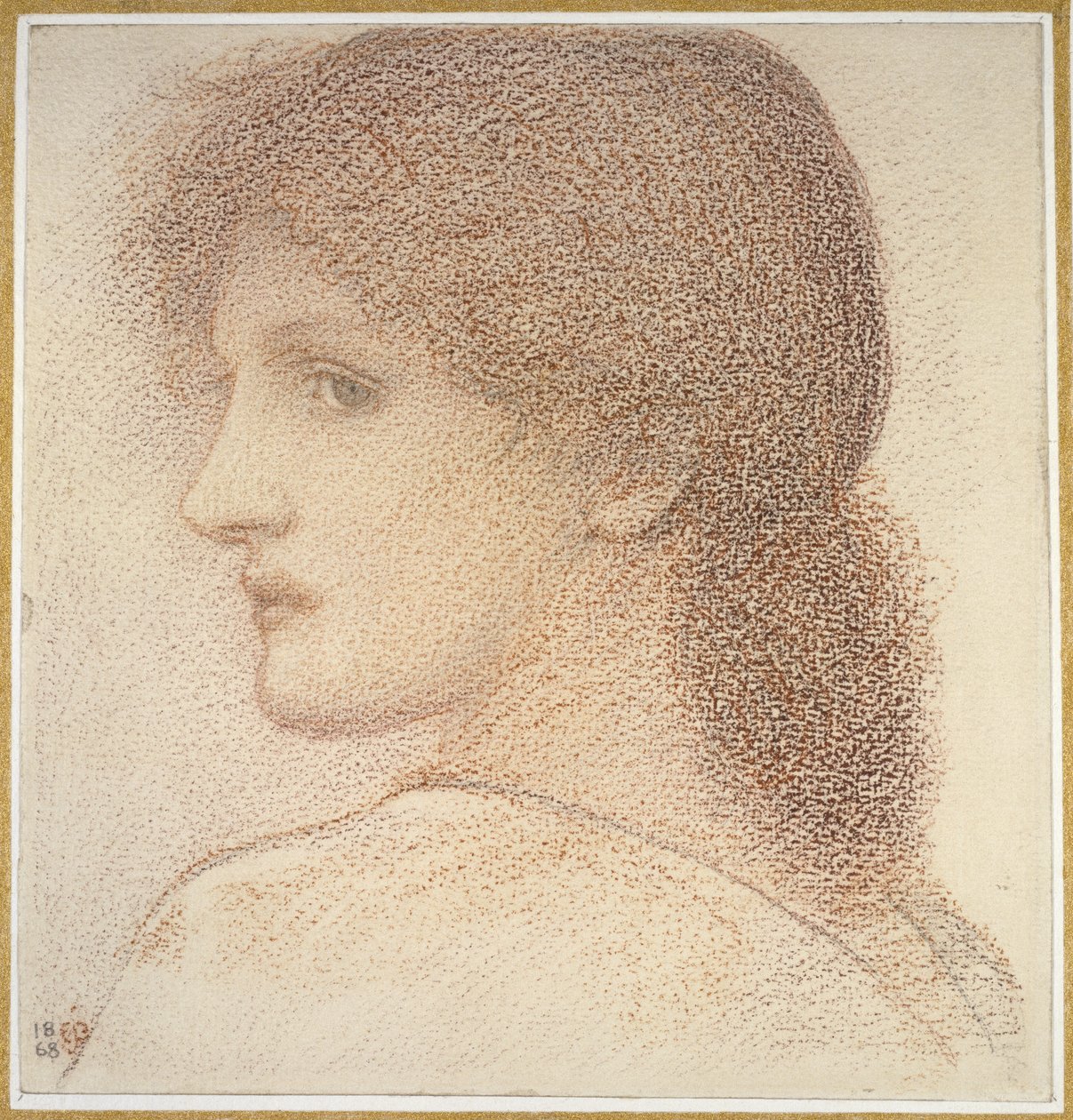En studie av en kvinnes hode, vendt mot venstre, 1868 (rødt kritt på papir) av Edward Burne Jones