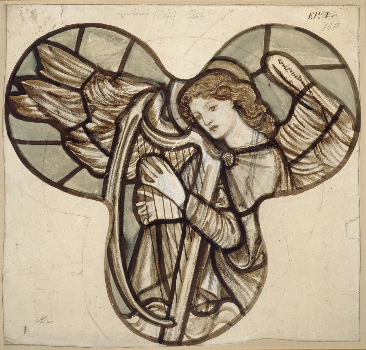 Design for glassmalerier i Lyndhurst Church: An Angel Harpist, 1862 (brun og blå vasker over grafitt) av Edward Burne Jones
