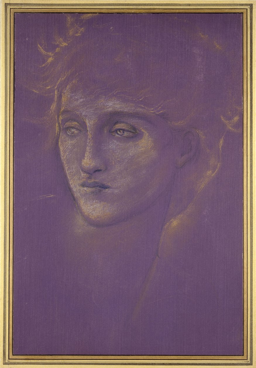 Head of a Woman, 1890-tallet (gullmaling på lilla grunn) av Edward Burne Jones