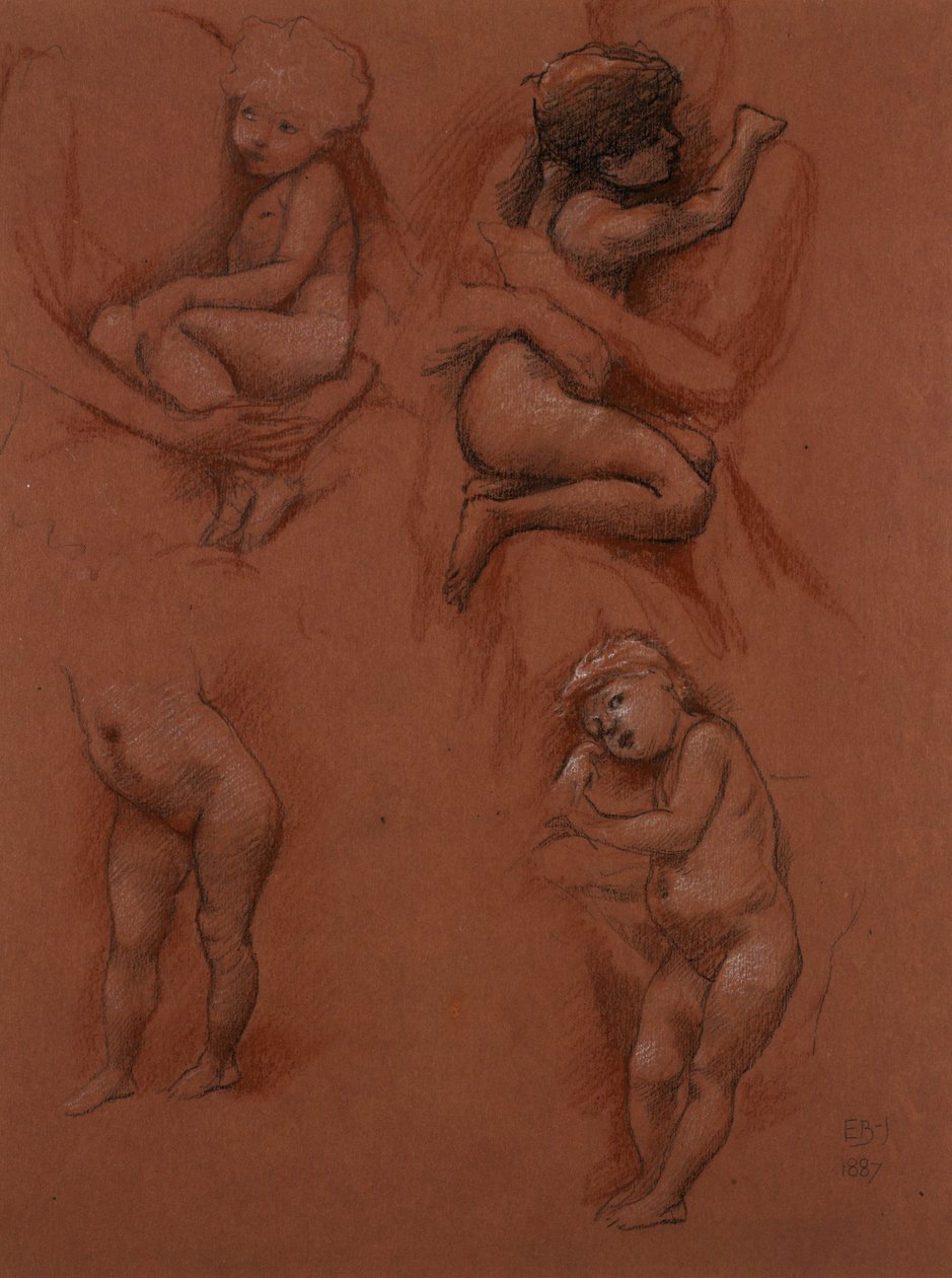 Studier av barn i mødres armer, 1887 (svart, rødt og hvitt kritt på rødt papir) av Edward Burne Jones
