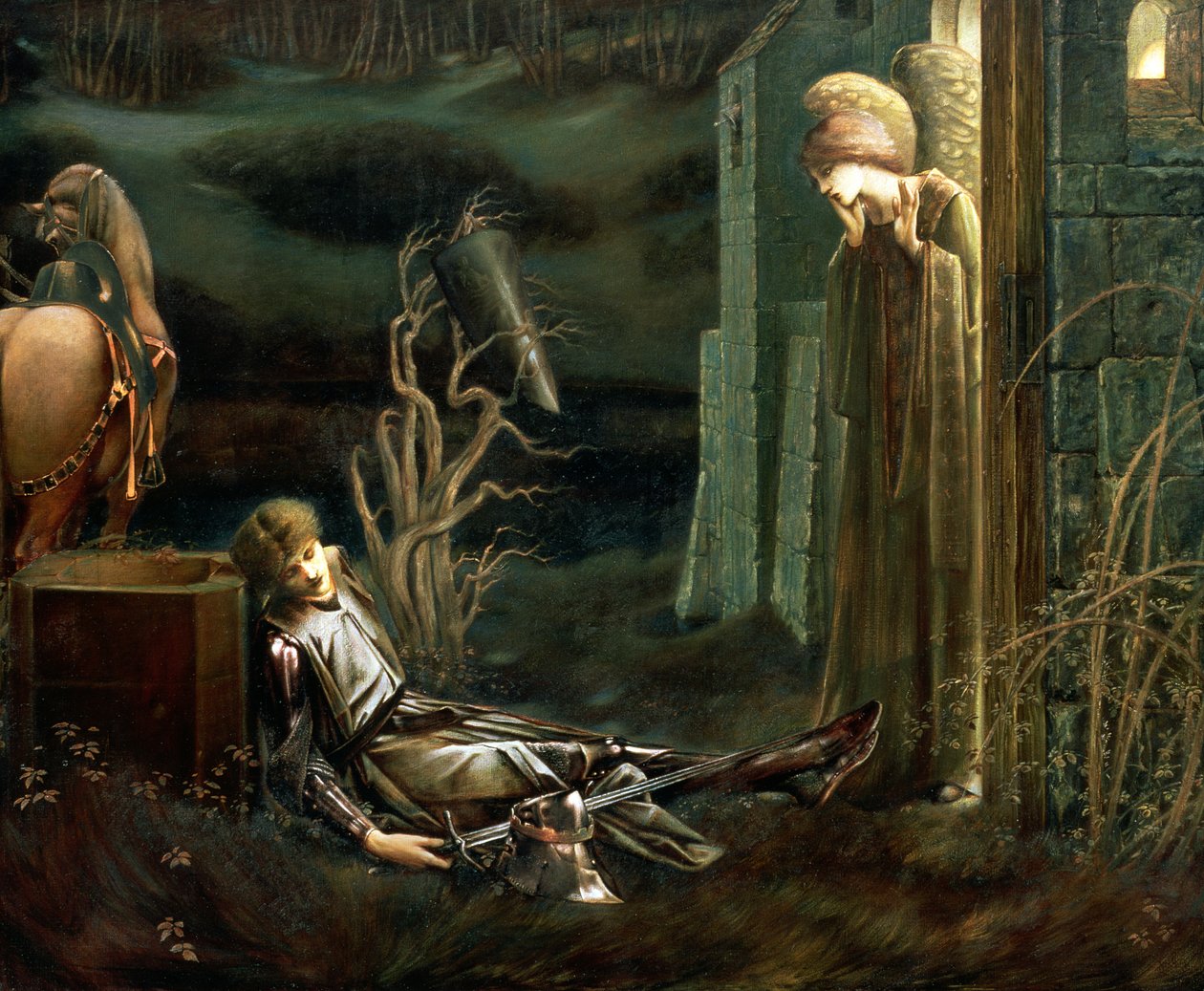 Drømmen om Sir Lancelot ved Chapel of the Holy Grail, 1896 av Edward Burne Jones