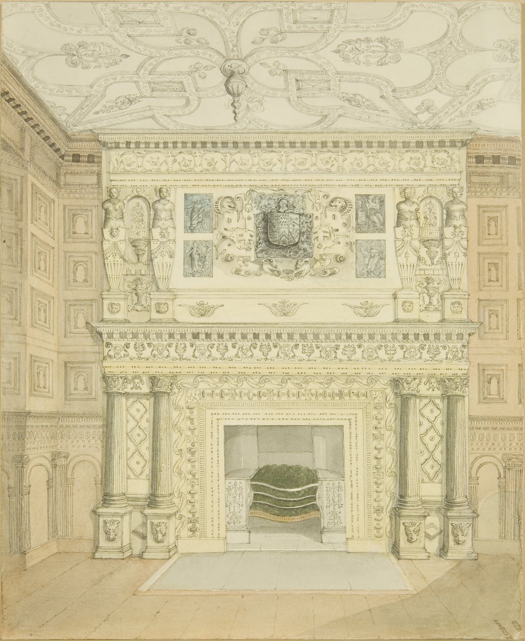 Chimneypiece, Great Oak Room, Red Lodge (blyant og akvarell på papir) av Edward Cashin