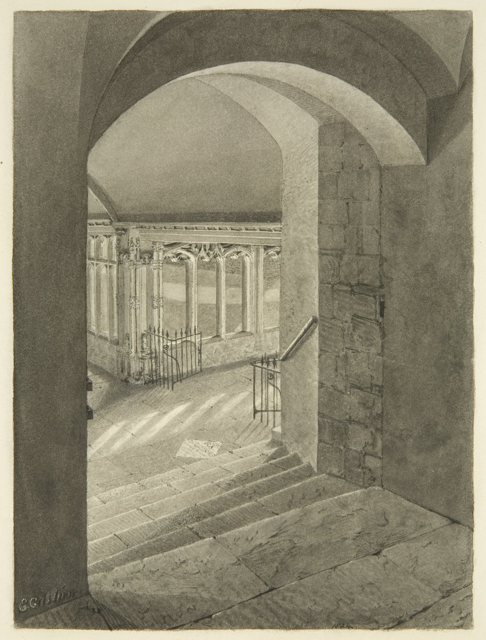 Inngang til Cloisters fra Bristol Cathedral med Edward Birds grav (blyant og akvarell på papir) av Edward Cashin