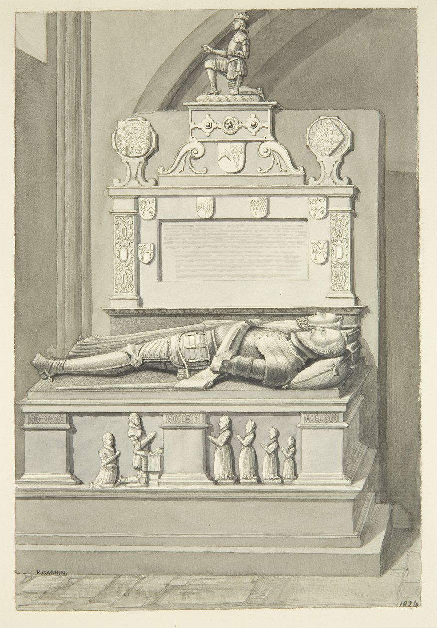 Monument til Sir Henry Newton, og Lady Newton, i Bristol Cathedral (blyant og akvarell på papir) av Edward Cashin