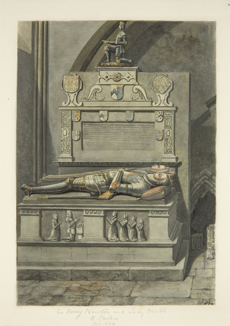 Monument til Sir Henry Newton og Lady Newton i Bristol Cathedral (blyant og akvarell på papir) av Edward Cashin