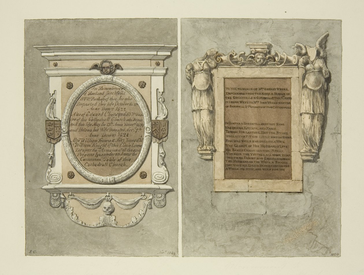 Monumenter til Bishop Searchfield, Dean Chetwynd og Mrs. Weeks, i Bristol Cathedral (blyant og akvarell på papir) av Edward Cashin