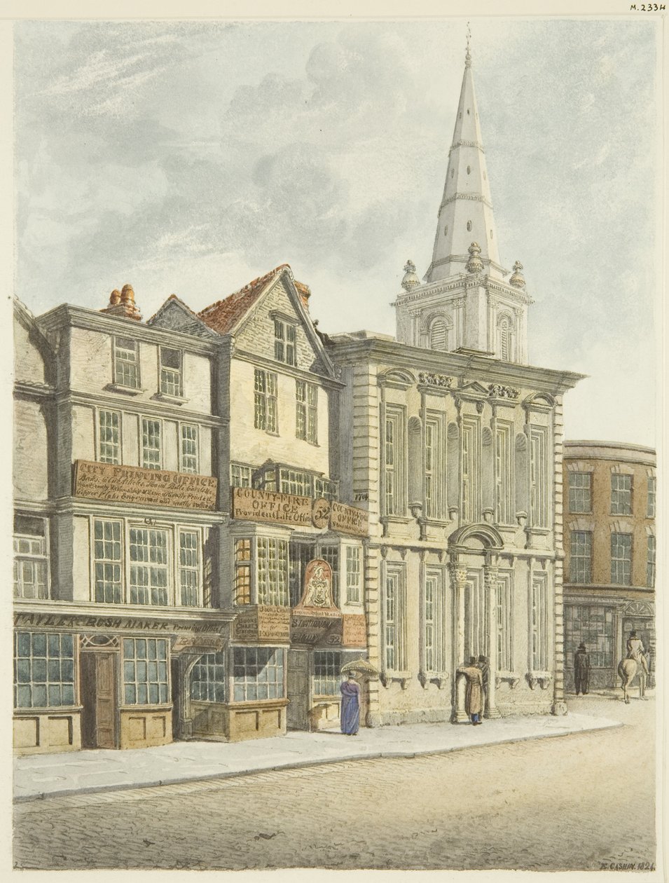 Old Council House, tatt ned 1824 (blyant og akvarell på papir) av Edward Cashin