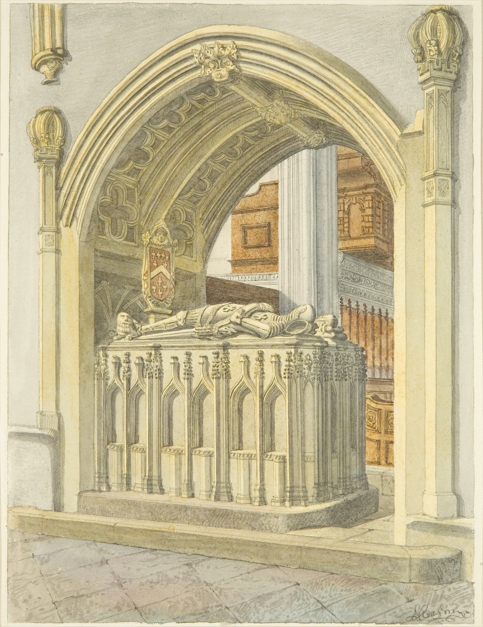 Tomb of Robert Fitzharding, død 1170, i Bristol Cathedral (blyant og akvarell på papir) av Edward Cashin