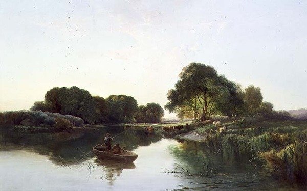 Et skogkledd elvelandskap av Edward Charles Williams