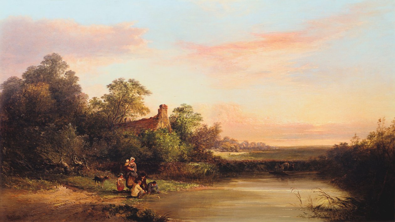 'Engelsk landskap med hytte og strøm', 1860 av Edward Charles Williams