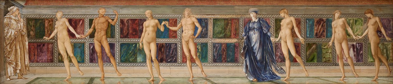Pilegrimen i lediggangens hage - Studie av ni figurer, ca. 1874 (akvarell) av Edward Coley (studio of) Burne Jones