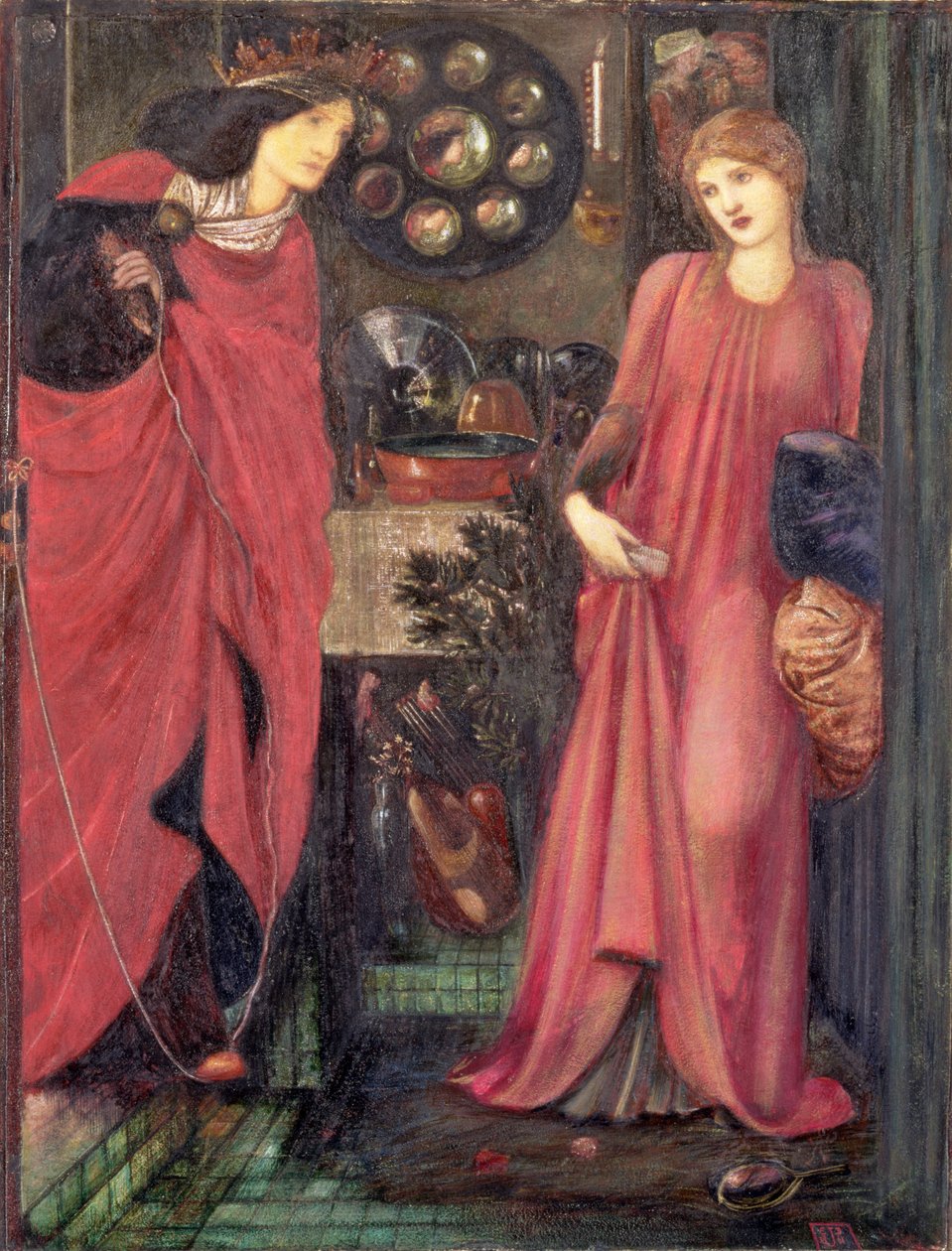 Fair Rosamund og Queen Eleanor (blandet media på papir) av Edward Burne Jones