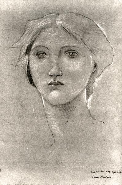 Head of a Girl, ca. 1893-96 (fargestift med forhøyning på brunt vellum) (s/hvitt-bilde) av Edward Coley Burne Jones