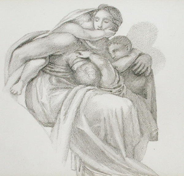 Mor og tre barn (blyant på papir) av Edward Coley Burne Jones