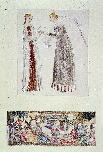 No.1084-f.10 (TtoB) Two Maids, en kopi fra The Birth of Mary av Giovanni da Milano fra Rinuccini-kapellet, Firenze; The Lamentation (akvarell, blyant) av Edward Coley Burne Jones