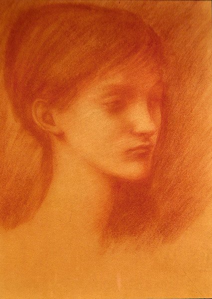 Rødt hode / portrett av en jente (kritt på papir) av Edward Coley Burne Jones