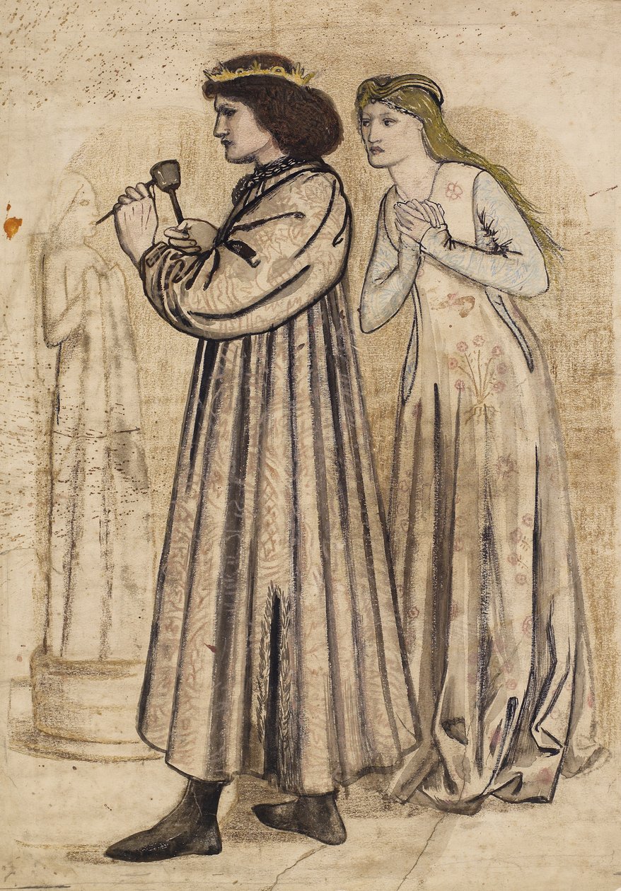 Scene av kong Rene som skulpturerer en figur mens han blir overvåket av sin nye brud (penn og indisk blekk med vask og blyant på papir) av Edward Coley Burne Jones