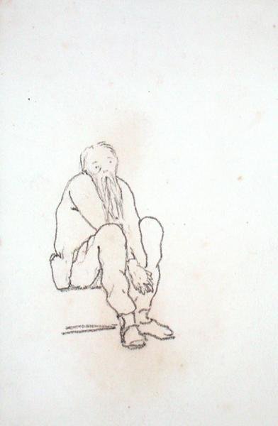 Selvportrett av kunstneren, sittende, med hendene mellom knærne, fra et album med tegninger (blyant på papir) av Edward Coley Burne Jones