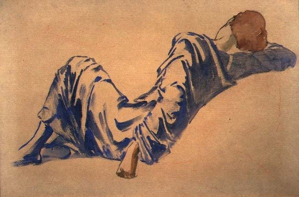 Study of a Sleeping Courtier for the Briar Rose Series: The Council Room (akvarell med rødt kritt på papir) av Edward Coley Burne Jones