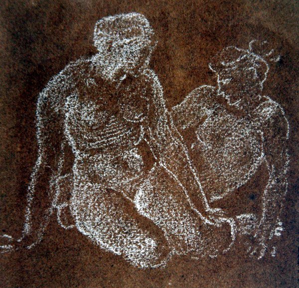 Studie av to sittende kvinnelige nakenbilder (hvitt kritt på papir) av Edward Coley Burne Jones