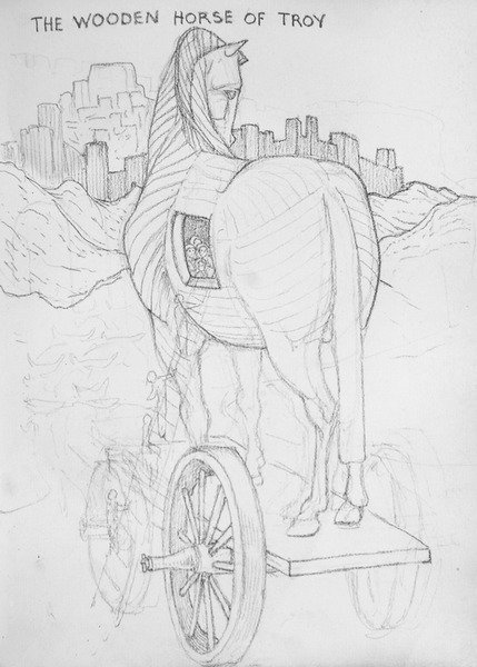 The Wooden Horse of Troy (blyant på papir) av Edward Coley Burne Jones