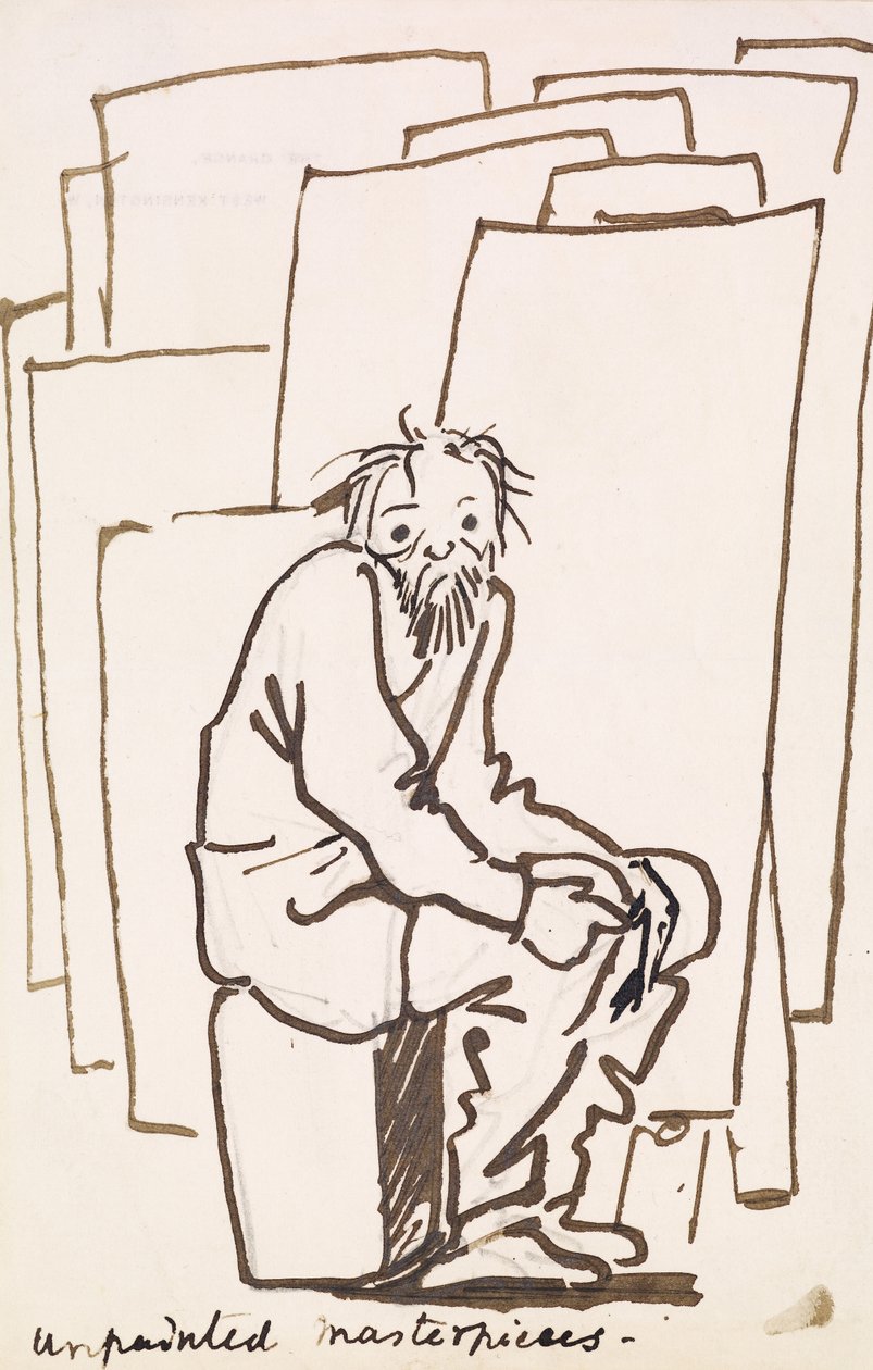 Umalte mesterverk (selvkarikatur) (penn og blekk på papir) av Edward Coley Burne Jones