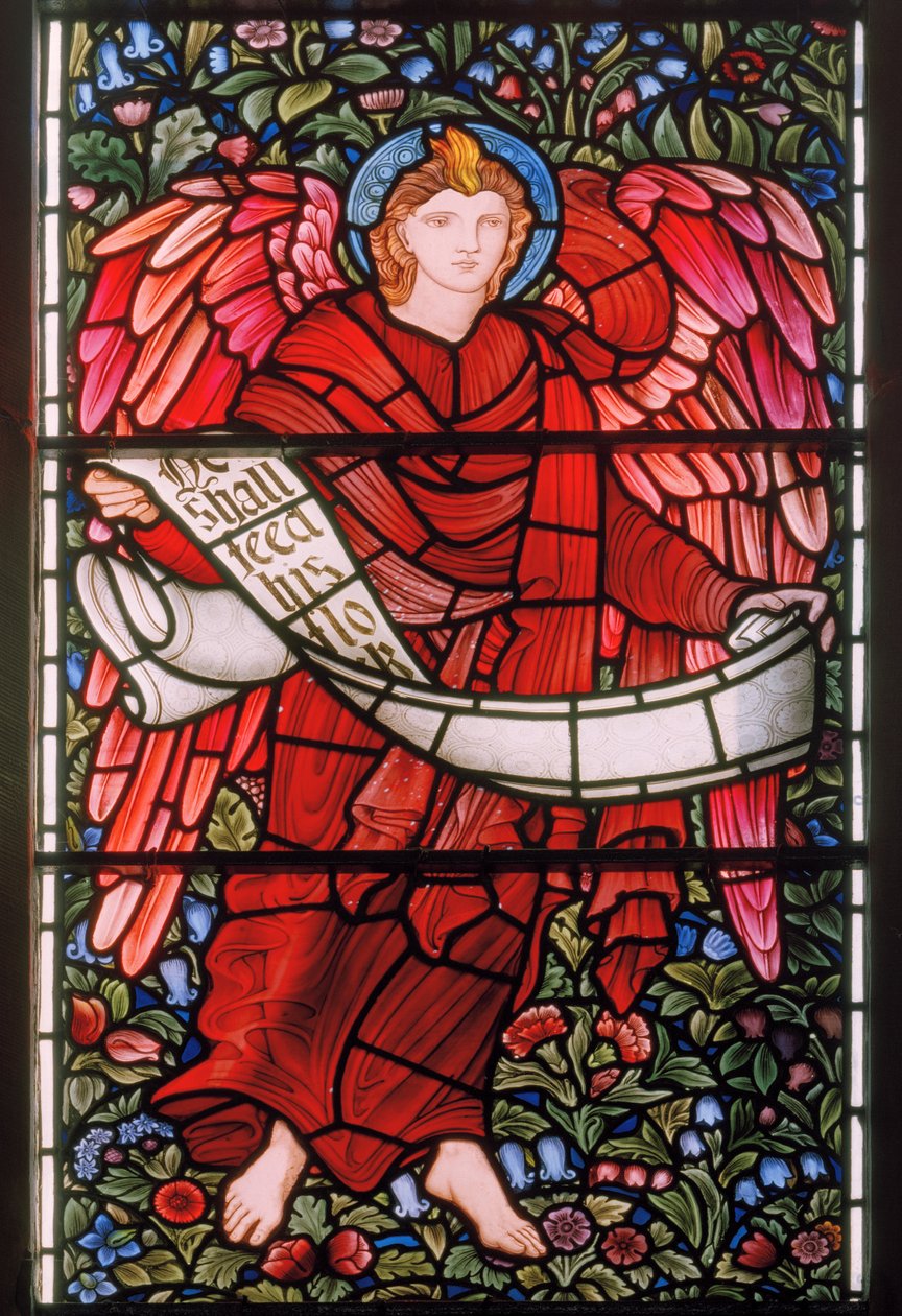 Engel holder en rulle, østvindu, 1880 (farget glass) av Edward Burne Jones