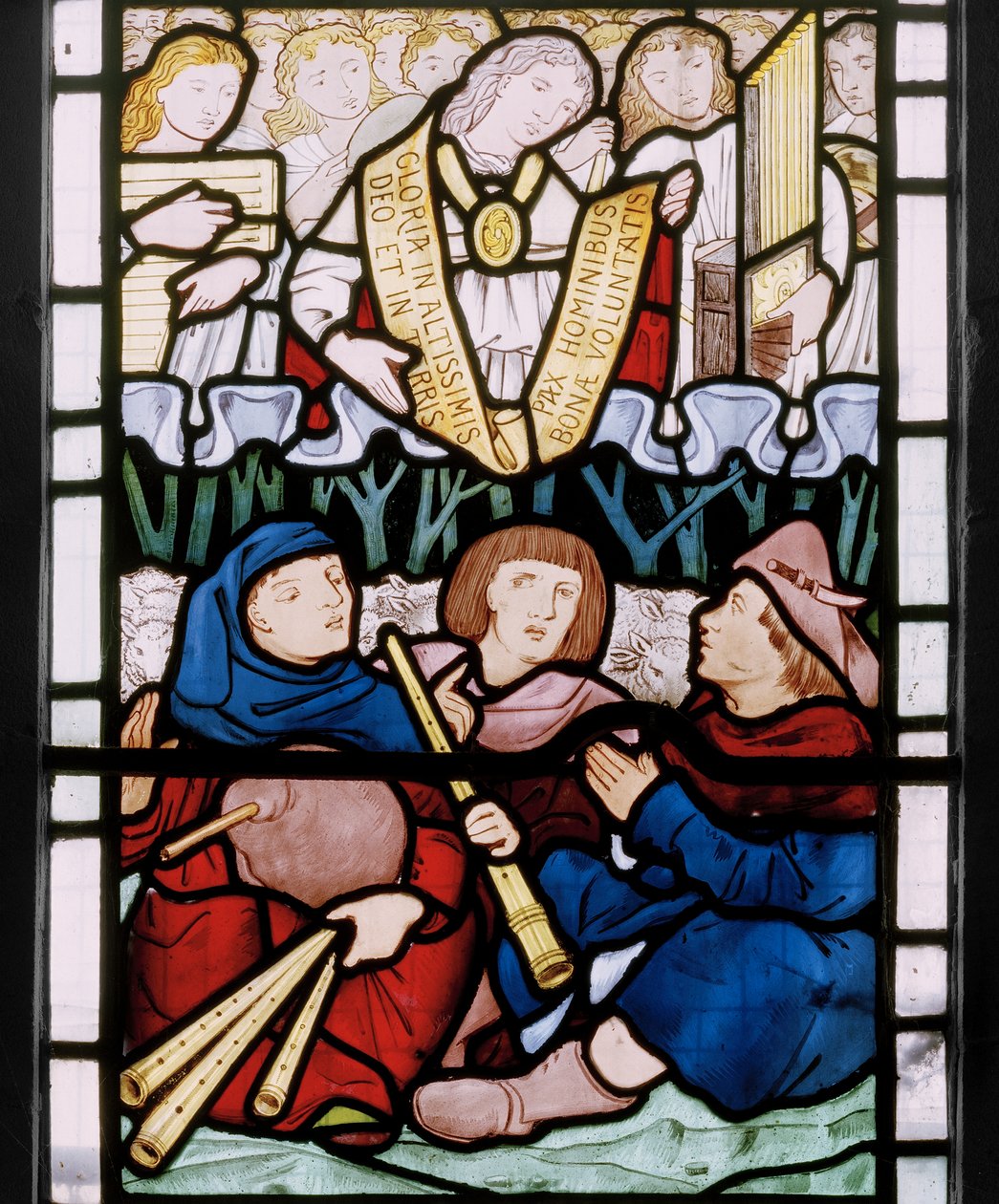 Bebudelse til hyrdene, østvinduet predella, 1864 (farget glass) av Edward Burne Jones