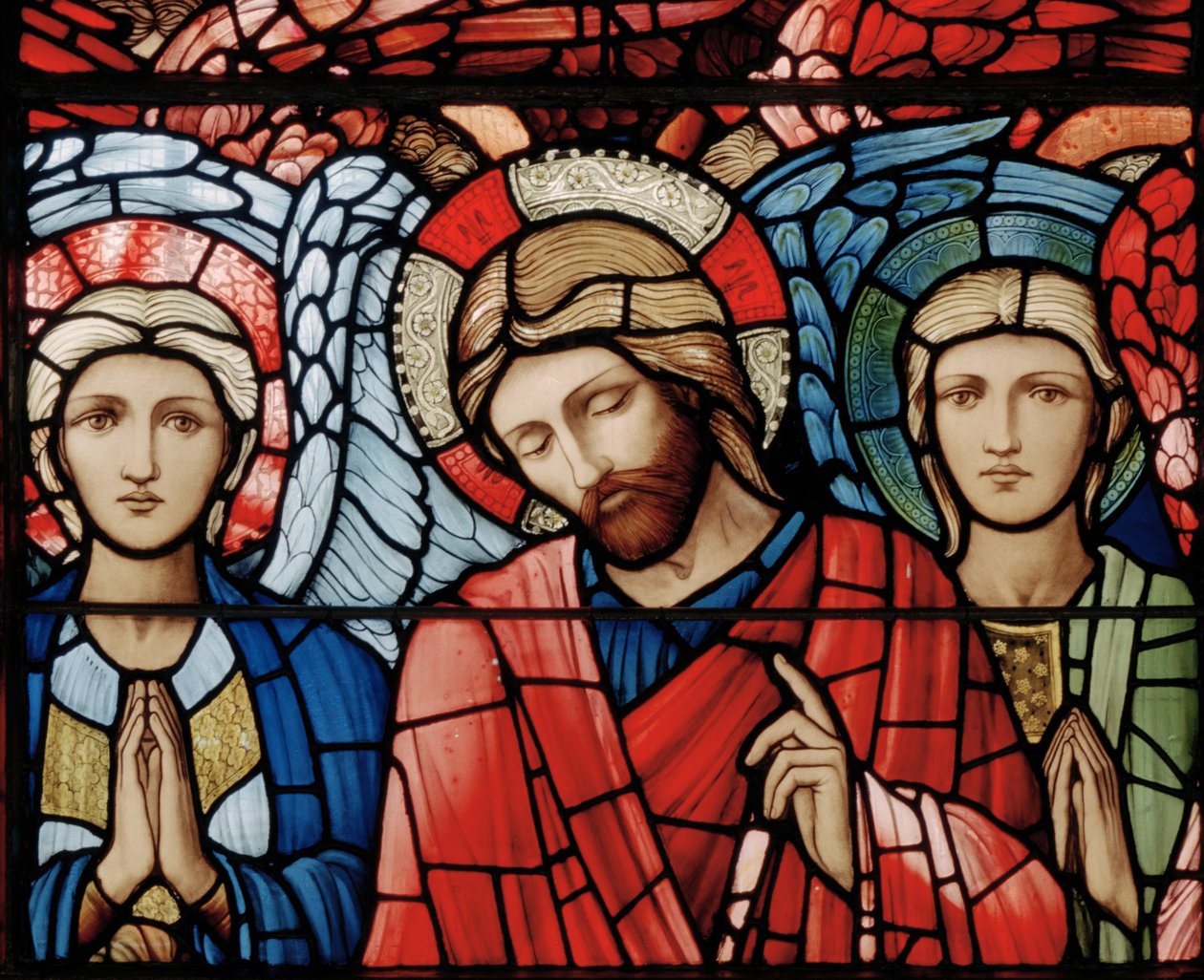 Christ In Majesty, Guardian Angels, Seraphim, Archangels, detalj fra Ascension Window, 1885 (farget glass) av Edward Burne Jones